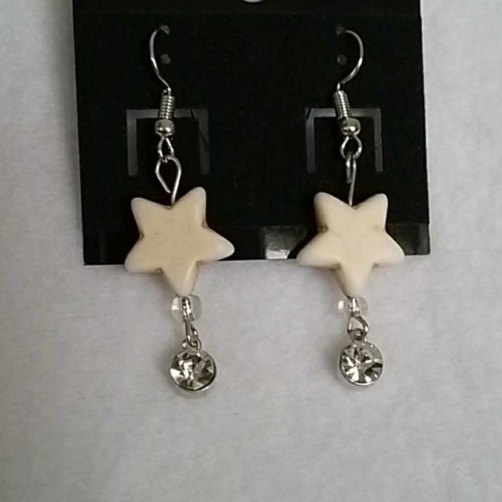 White Stars With Rhinestones Hook Earrings